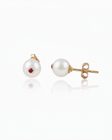 Amelie 18k gold pearl earrings with freshwater pearls and pink rubellite tourmalines