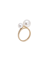 Gold ring with two pearls on a white background