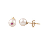 Amelie earrings featuring freshwater pearls and rubellite set in 18k gold, photographed on a white background